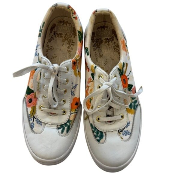 Keds x Rifle Paper Co Tournament Sneaker Lively Floral Fabric White Leather 8.5 - Picture 2 of 12